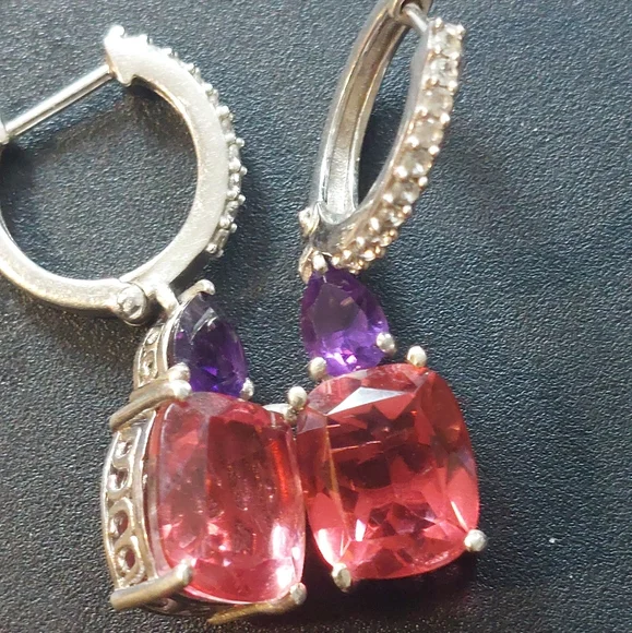 Red spinel and amethyst platinum plated earrings - Picture 5 of 6